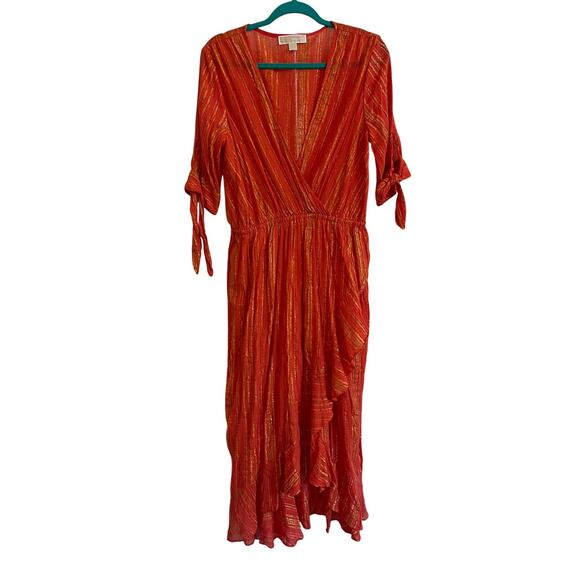MICHAEL Michael Kors Sangria Metallic Orange/Gold Faux Wrap Midi Dress Size L - Picture 2 of 12